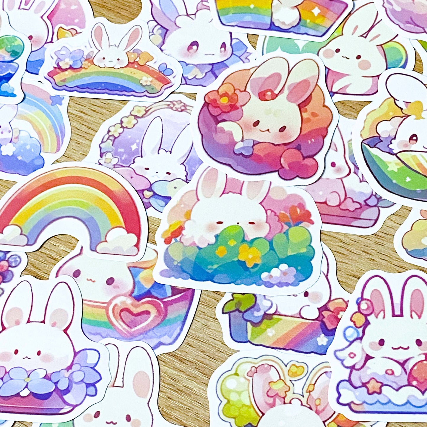 pastel rainbow white rabbit rabbits bunny bunnies easter laptop sticker stickers set uk cute kawaii spring gift gifts stationery shop store cute rainbows colour colours