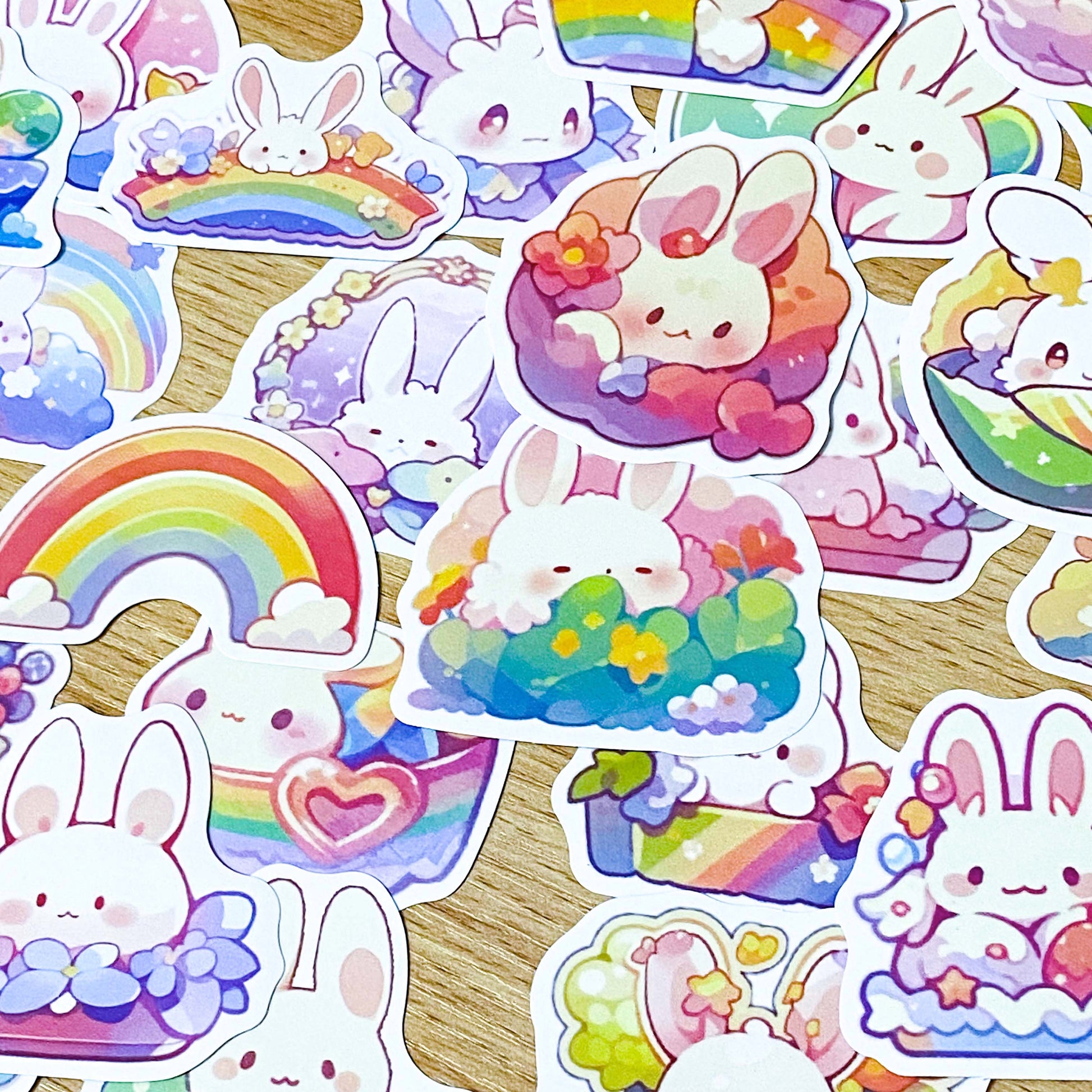 pastel rainbow white rabbit rabbits bunny bunnies easter laptop sticker stickers set uk cute kawaii spring gift gifts stationery shop store cute rainbows colour colours