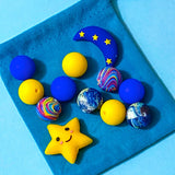 space themed star and moon jumbo yellow and dark blue silicone beads bundle