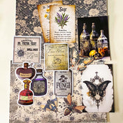 witchy apothecary ephemera bundle with potion vial, vintage herb cards, gothic stickers, insect illustrations and scrapbook papers arranged on botanical background