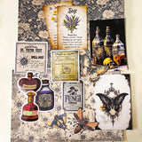 witchy apothecary ephemera bundle with potion vial, vintage herb cards, gothic stickers, insect illustrations and scrapbook papers arranged on botanical background