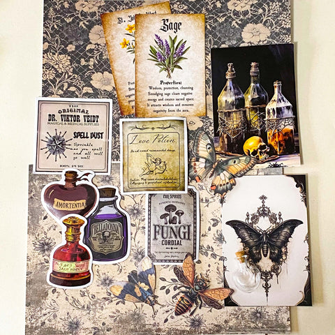 witchy apothecary ephemera bundle with potion vial, vintage herb cards, gothic stickers, insect illustrations and scrapbook papers arranged on botanical background