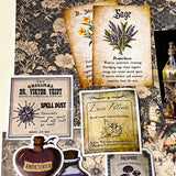witchy apothecary ephemera bundle with potion vial, vintage herb cards, gothic stickers, insect illustrations and scrapbook papers arranged on botanical background