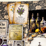 witchy apothecary ephemera bundle with potion vial, vintage herb cards, gothic stickers, insect illustrations and scrapbook papers arranged on botanical background
