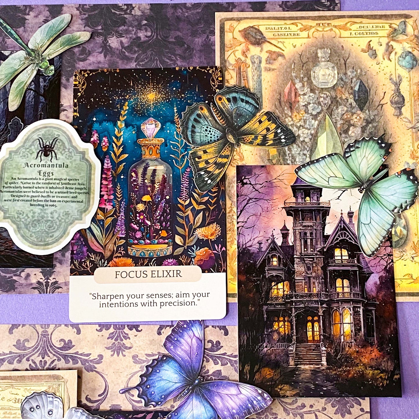 witchy potion oracle journalling kit with purple scrapbook papers, gothic prints, stickers, butterfly and beetle die cuts and mini glass vial jar