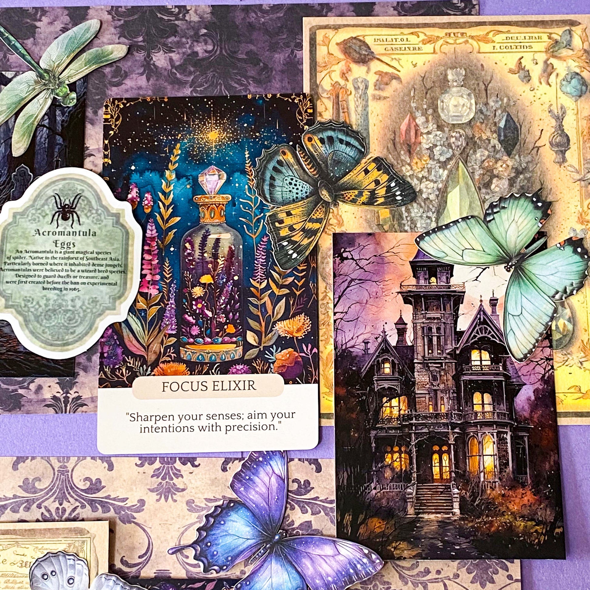 witchy potion oracle journalling kit with purple scrapbook papers, gothic prints, stickers, butterfly and beetle die cuts and mini glass vial jar