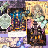 witchy potion oracle journalling kit with purple scrapbook papers, gothic prints, stickers, butterfly and beetle die cuts and mini glass vial jar