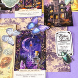 witchy potion oracle journalling kit with purple scrapbook papers, gothic prints, stickers, butterfly and beetle die cuts and mini glass vial jar