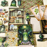 forest green witch journal kit with botanical herb cards, green potion oracle card, woodland scrapbook papers and witchy bookshelf stickers and die cuts