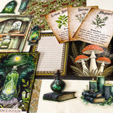 forest green witch journal kit with botanical herb cards, green potion oracle card, woodland scrapbook papers and witchy stickers and die cuts