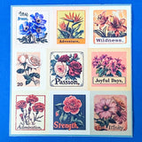 botanical affirmation stamp sticker set with 6 floral sheets featuring vintage style flowers and words like hope, serenity and dreams