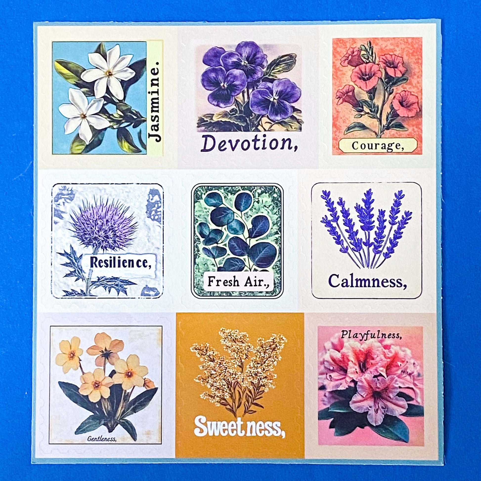 botanical affirmation stamp sticker set with 6 floral sheets featuring vintage style flowers and words like hope, serenity and dreams
