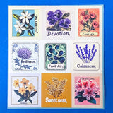 botanical affirmation stamp sticker set with 6 floral sheets featuring vintage style flowers and words like hope, serenity and dreams