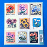 botanical affirmation stamp sticker set with 6 floral sheets featuring vintage style flowers and words like hope, serenity and dreams