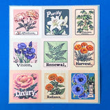 botanical affirmation stamp sticker set with 6 floral sheets featuring vintage style flowers and words like hope, serenity and dreams