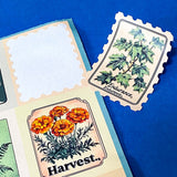 botanical affirmation stamp sticker set with 6 floral sheets featuring vintage style flowers and words like hope, serenity and dreams