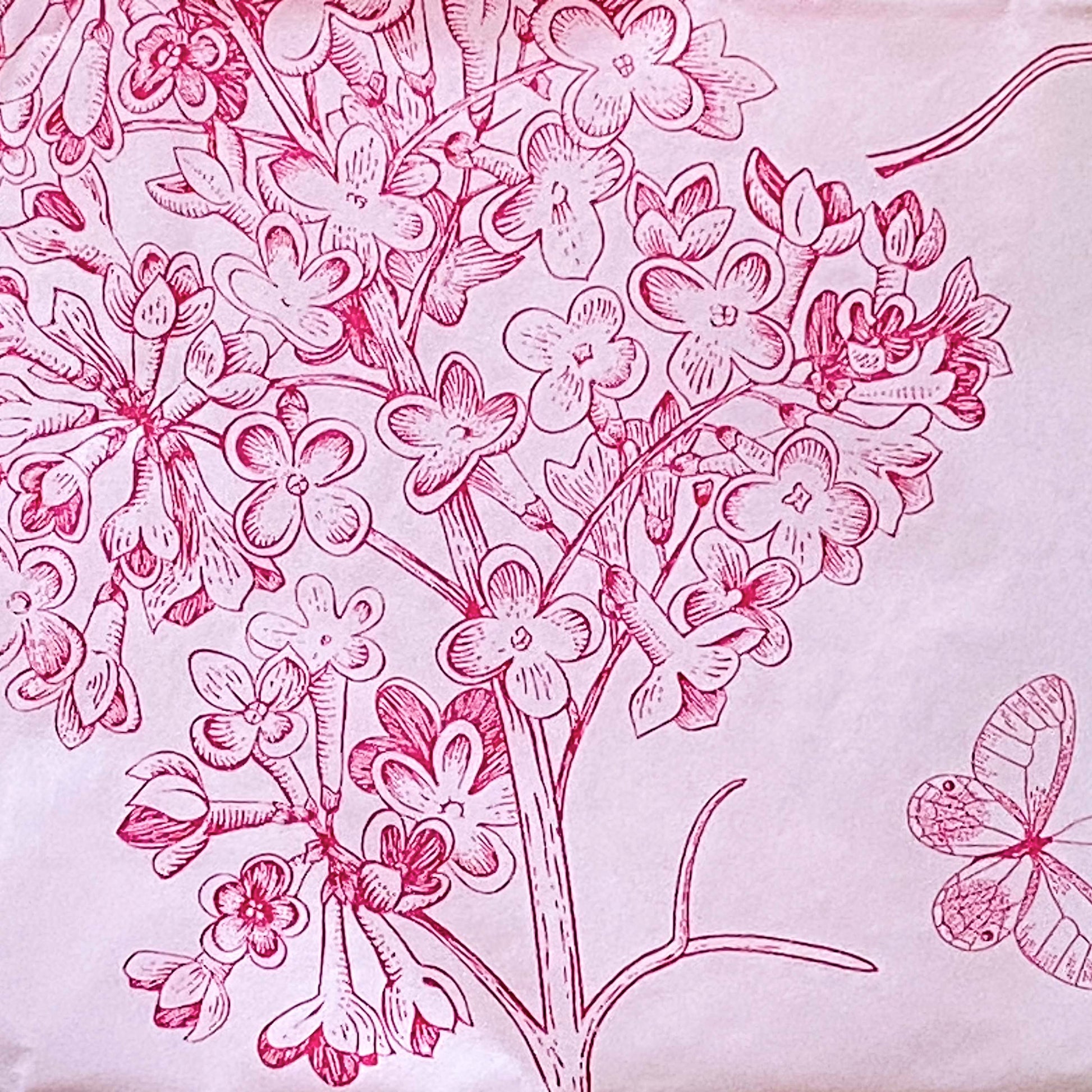 raspberry pink bird butterfly and flowers pale tissue paper sheets. botanical print, uk packaging supplies.