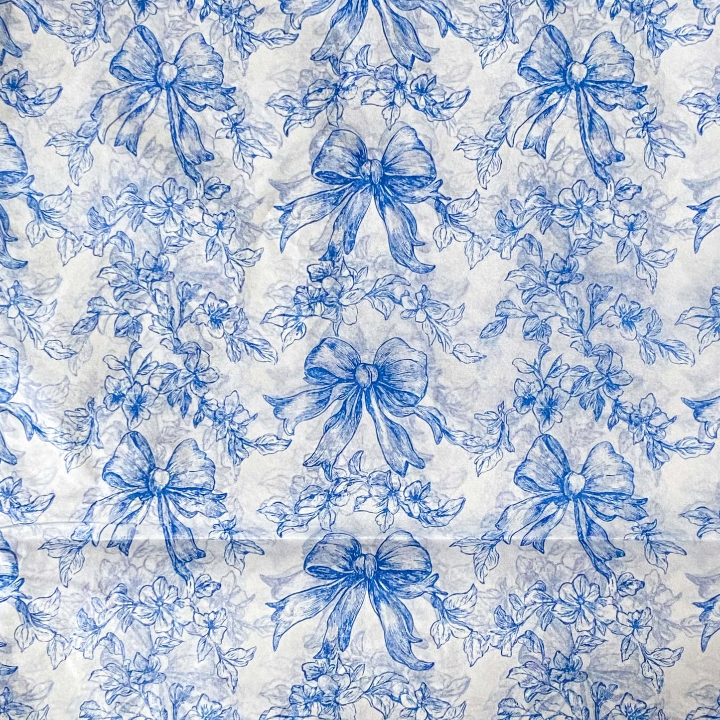 blue and white floral bows tissue paper sheets, chinoiserie style pack of 3. uk packaging supplies. vintage floral