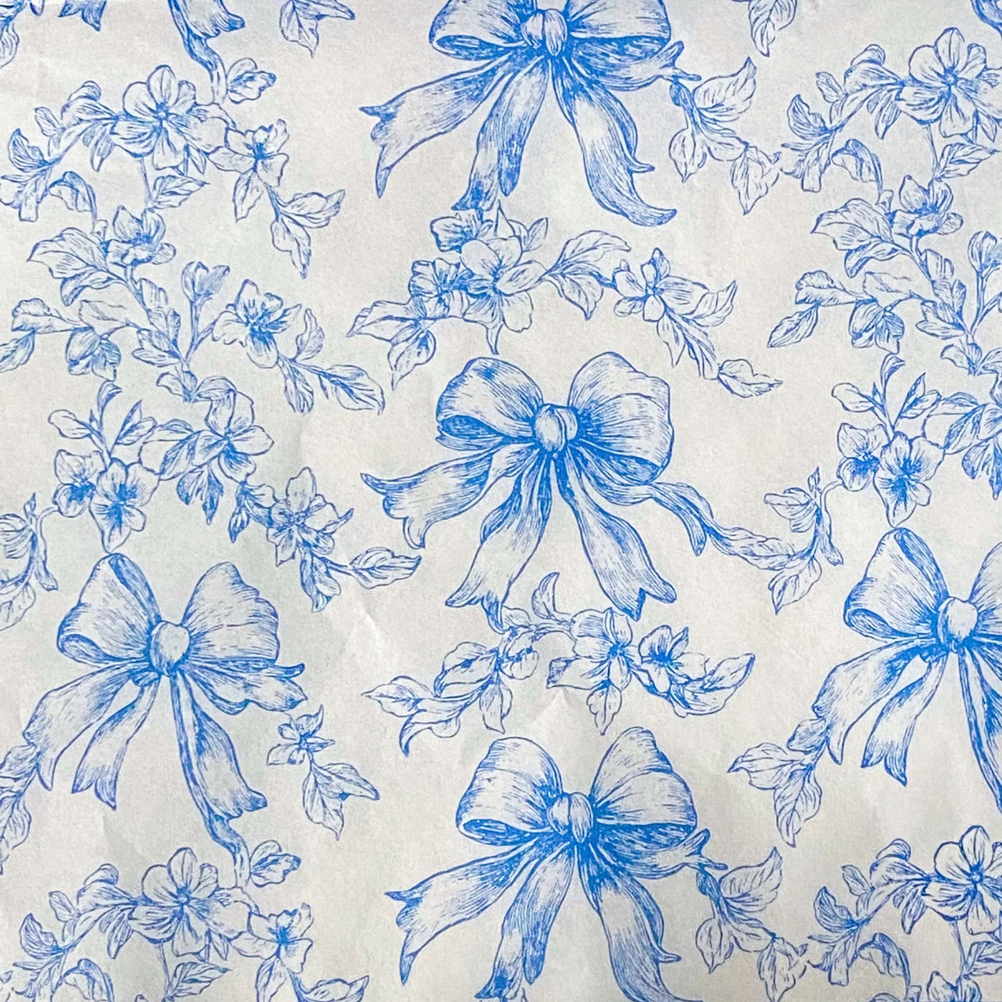 blue and white floral bows tissue paper sheets, chinoiserie style pack of 3. uk packaging supplies. vintage floral