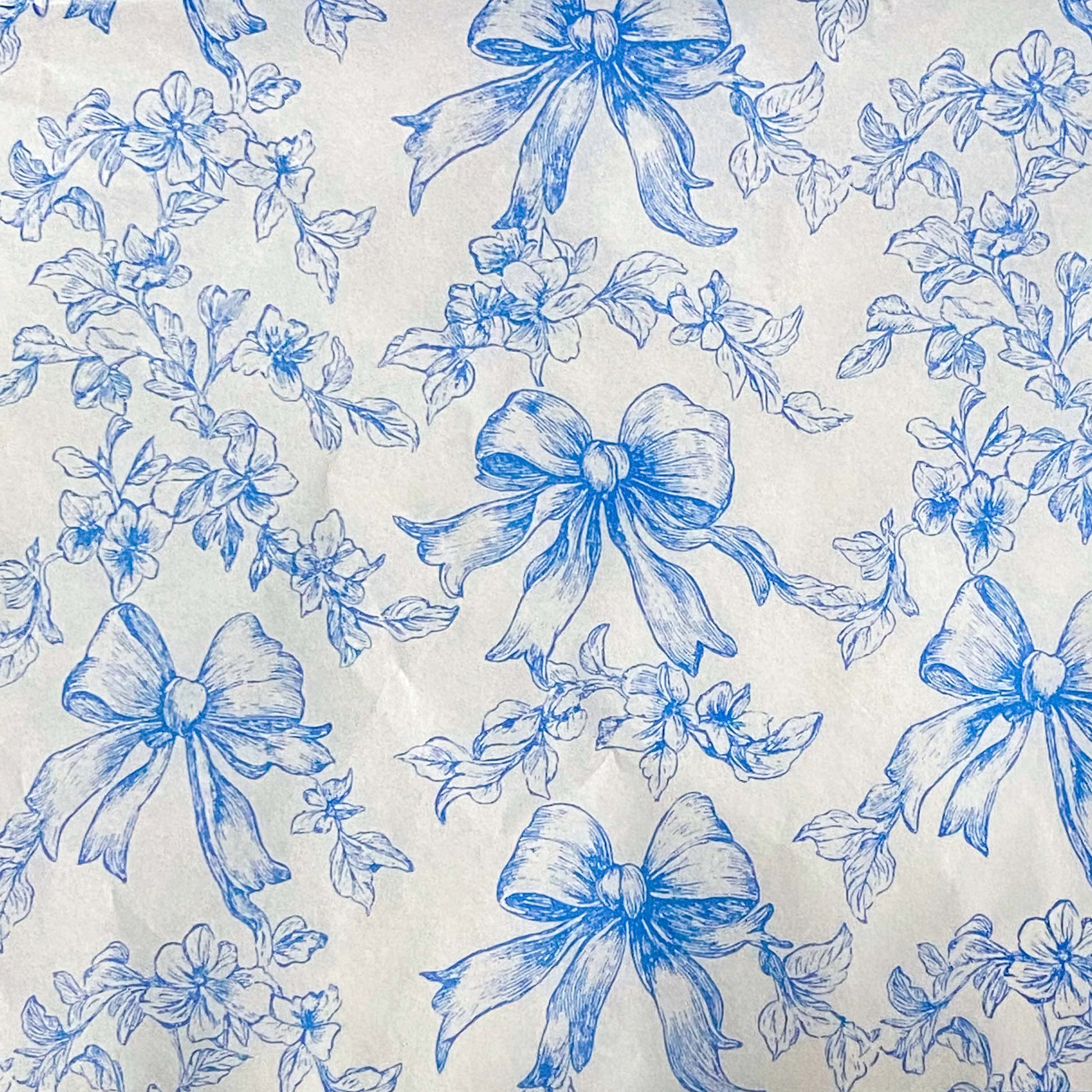 blue and white floral bows tissue paper sheets, chinoiserie style pack of 3. uk packaging supplies. vintage floral