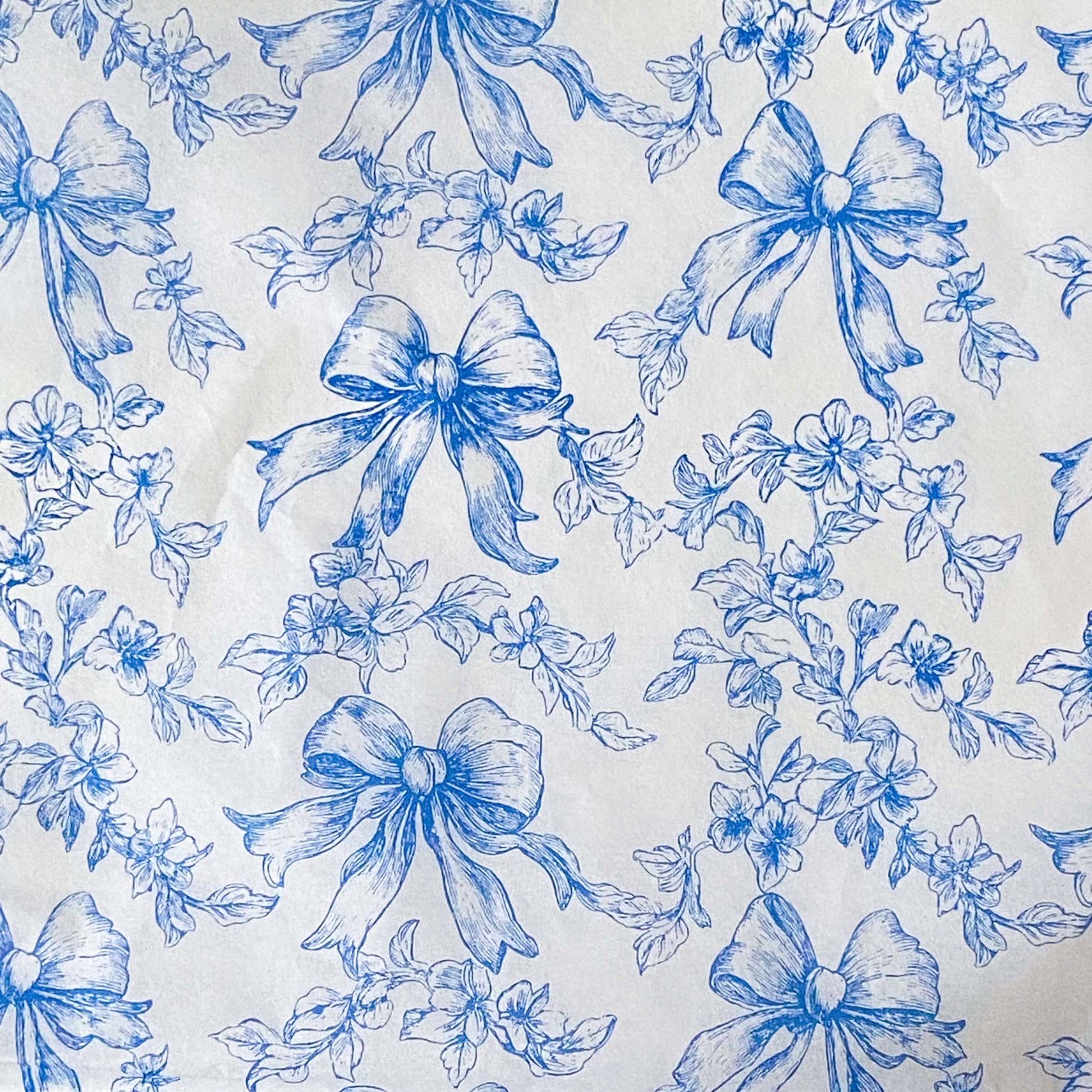 blue and white floral bows tissue paper sheets, chinoiserie style pack of 3. uk packaging supplies. vintage floral