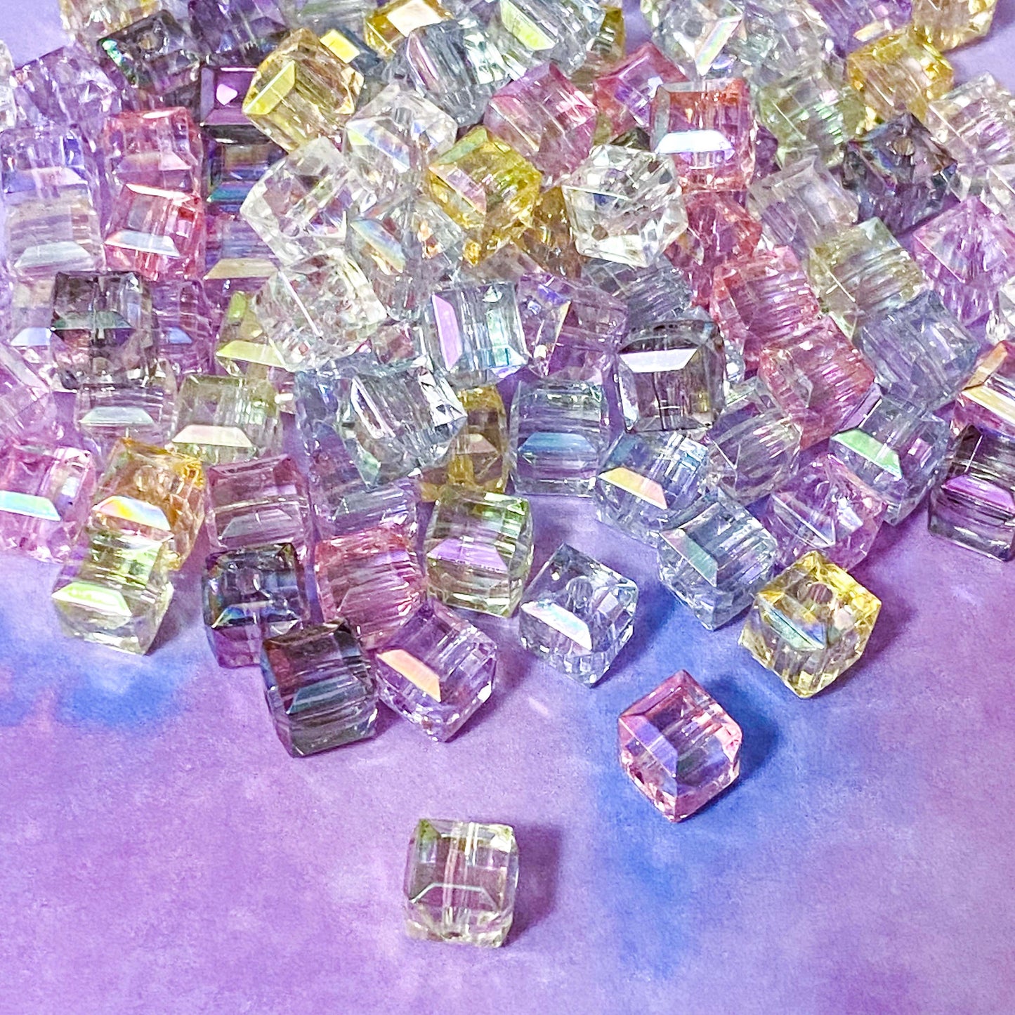 cube cubes square bead beads clear iridescent sparkly 8mm 7mm transparent craft supplies shop store jewellery making shop store uk cute kawaii pretty pastel colours