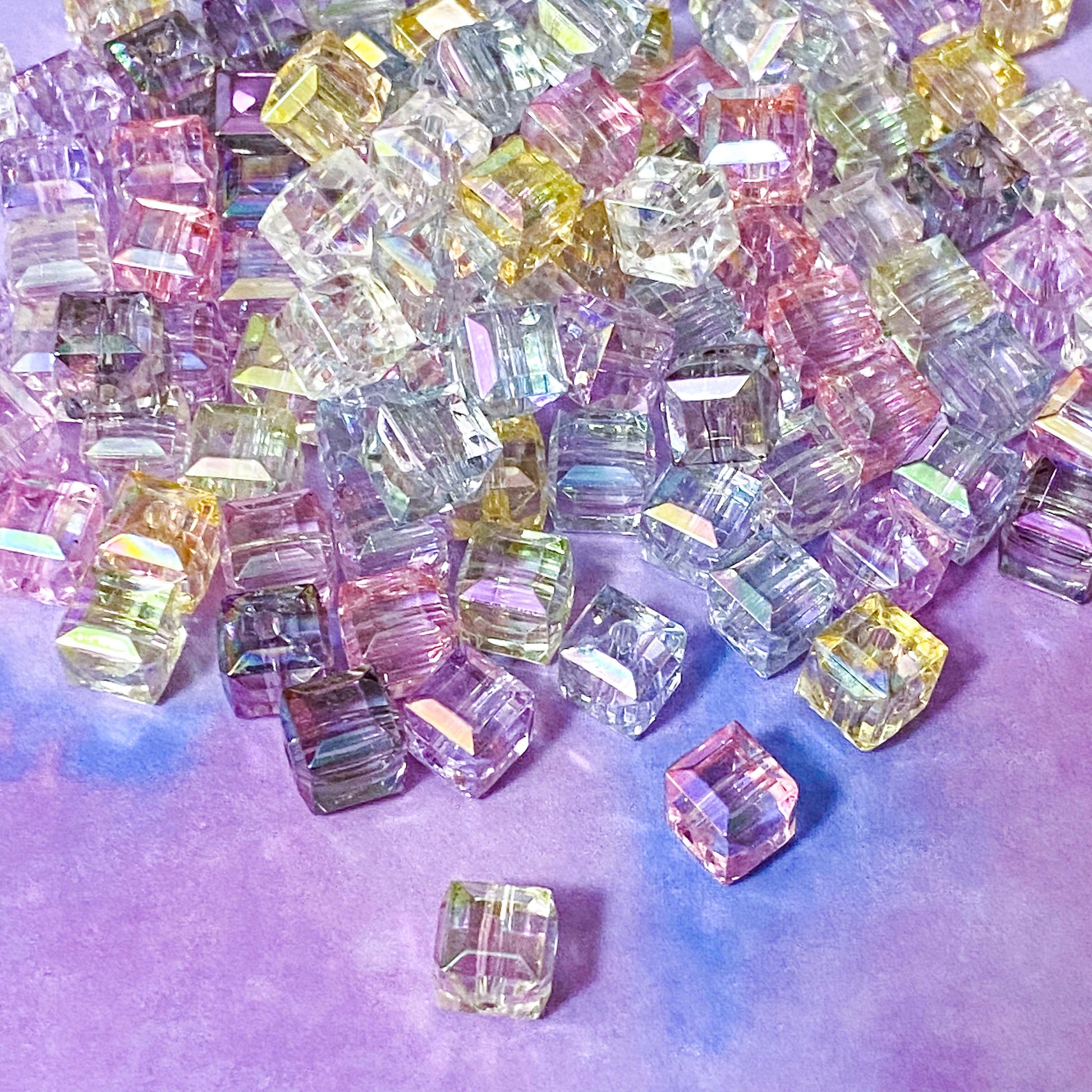 cube cubes square bead beads clear iridescent sparkly 8mm 7mm transparent craft supplies shop store jewellery making shop store uk cute kawaii pretty pastel colours