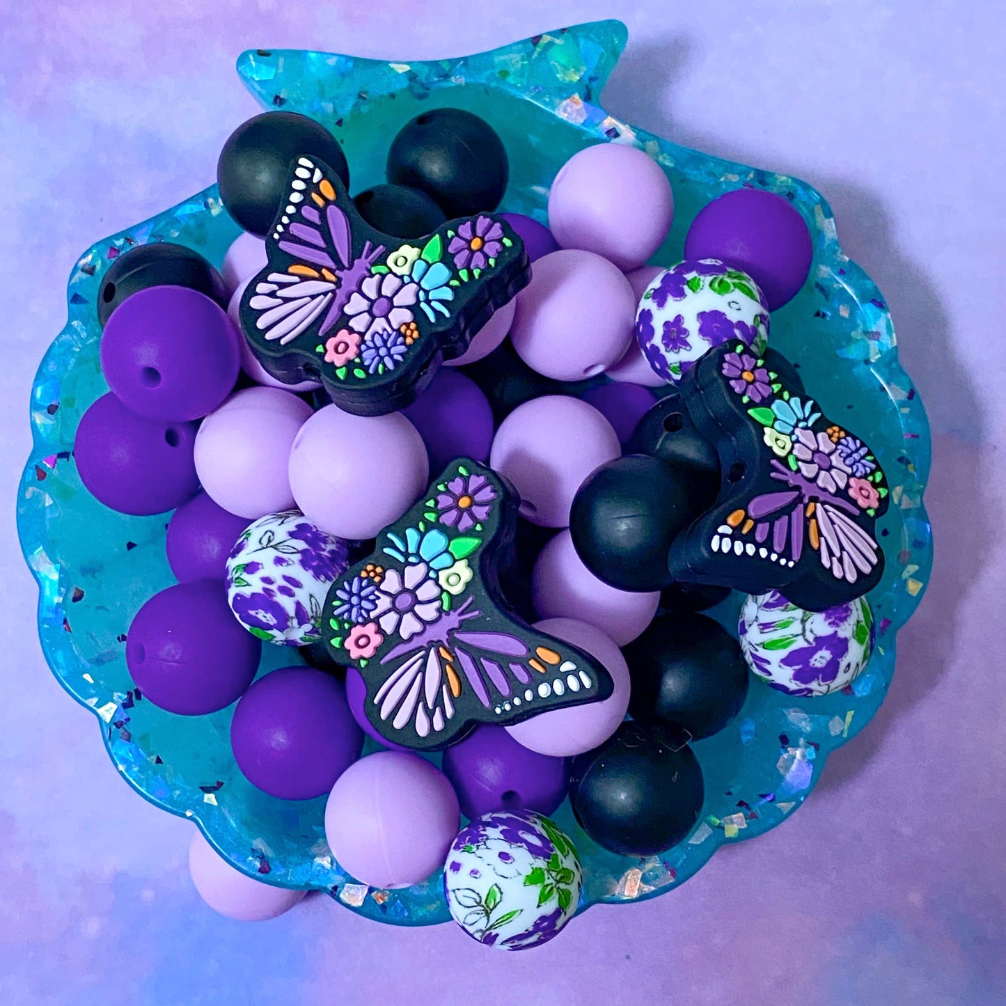 Big SILICONE BEADS (PURPLE BLACK & LILAC) & JUMBO BUTTERFLY