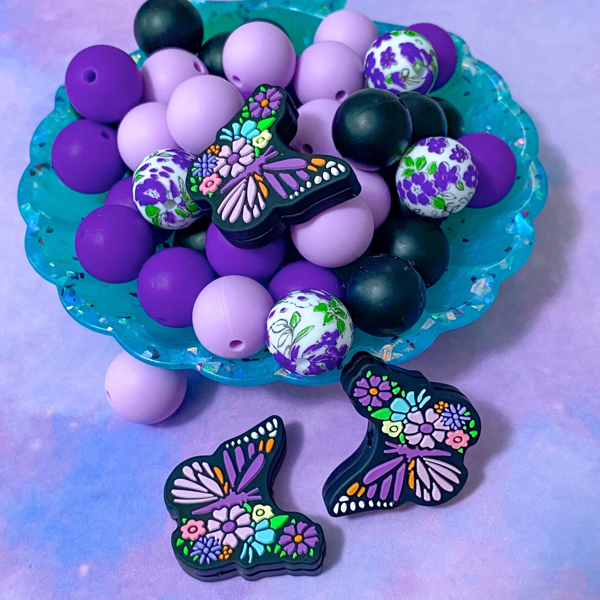 butterfly butterflies theme silicone bead beads soft 15mm 29mm large medium sized jumbo decorative build make your own pen pens beaded uk cute kawaii craft supplies shop store stationery purple lilac deep light floral flowers black