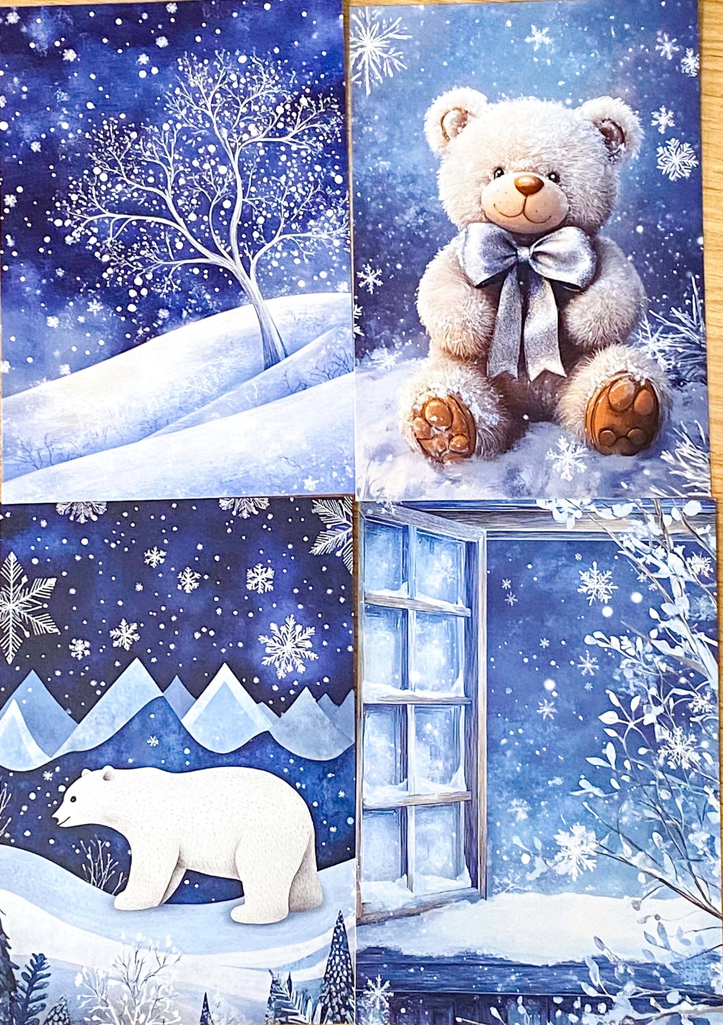 christmas snow snowy postcard postcards post card cards uk cute kawaii festive stationery set bundle blue midnight sky stars teddy bear snowglobe snow globe polar angel snowman present stocking pretty deep bird woodland tree