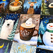 food drink christmas starry sky skies postcard post card cards postcards uk cute kawaii festive polar bear santa claus robin snowman gingerbread man cup cocoa marshmallow bear deer fox penguin