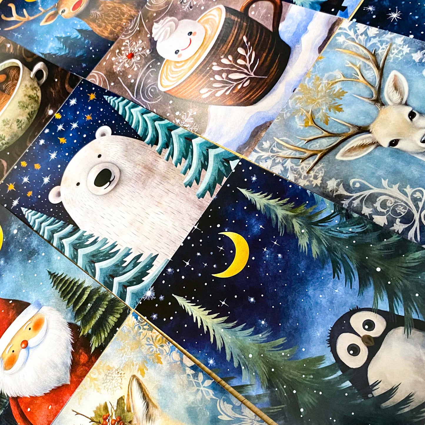 food drink christmas starry sky skies postcard post card cards postcards uk cute kawaii festive polar bear santa claus robin snowman gingerbread man cup cocoa marshmallow bear deer fox penguin