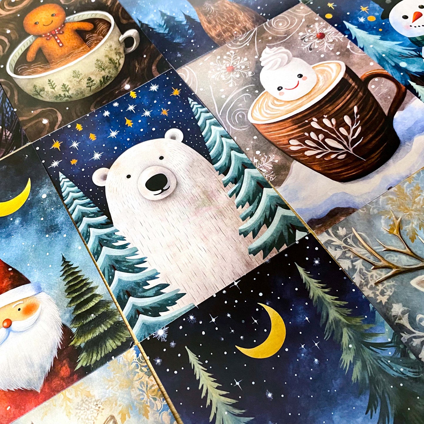 food drink christmas starry sky skies postcard post card cards postcards uk cute kawaii festive polar bear santa claus robin snowman gingerbread man cup cocoa marshmallow bear deer fox penguin