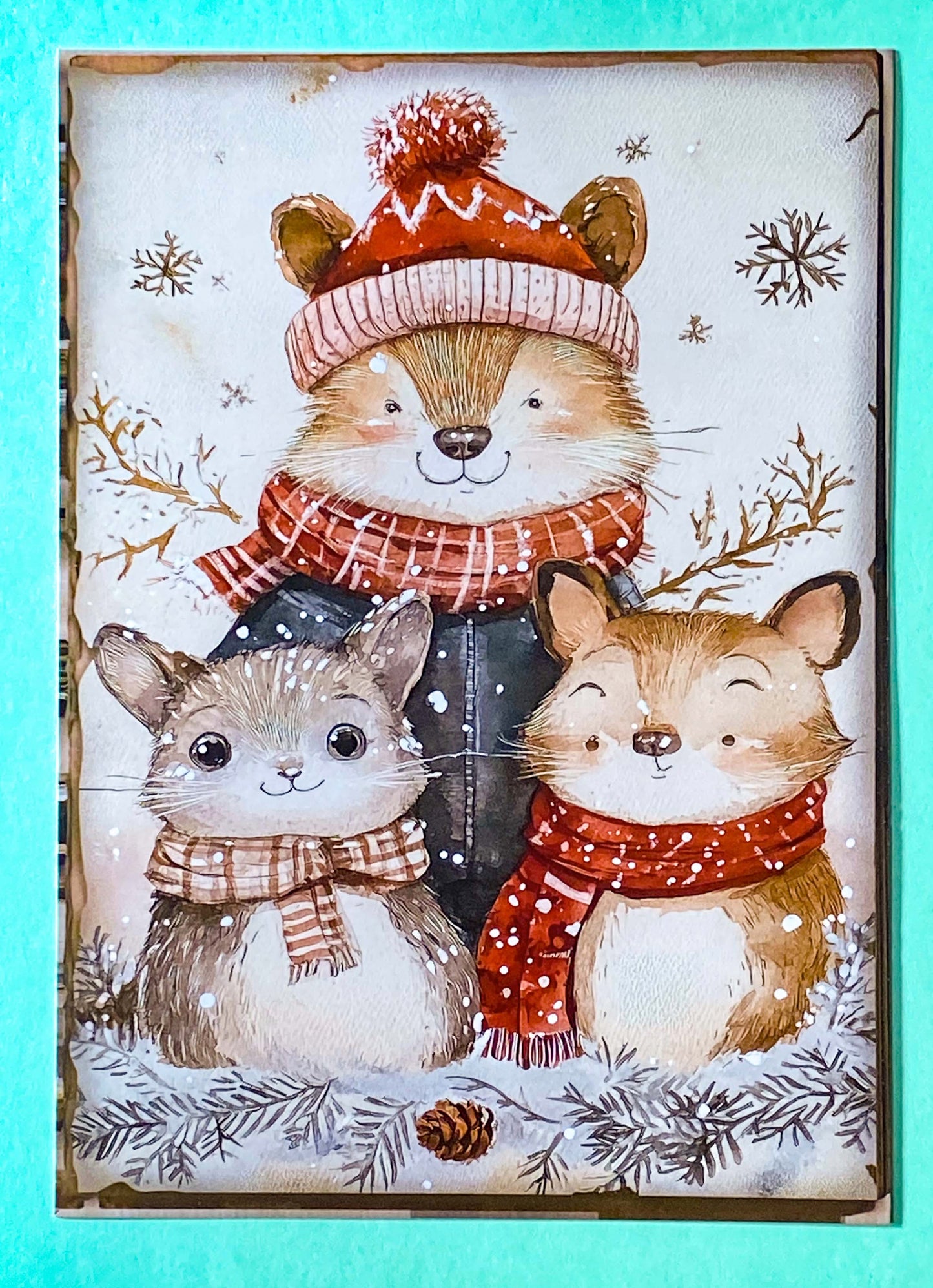 "WOODLAND FRIENDS" FESTIVE POSTCARD Envelopes & Stickers
