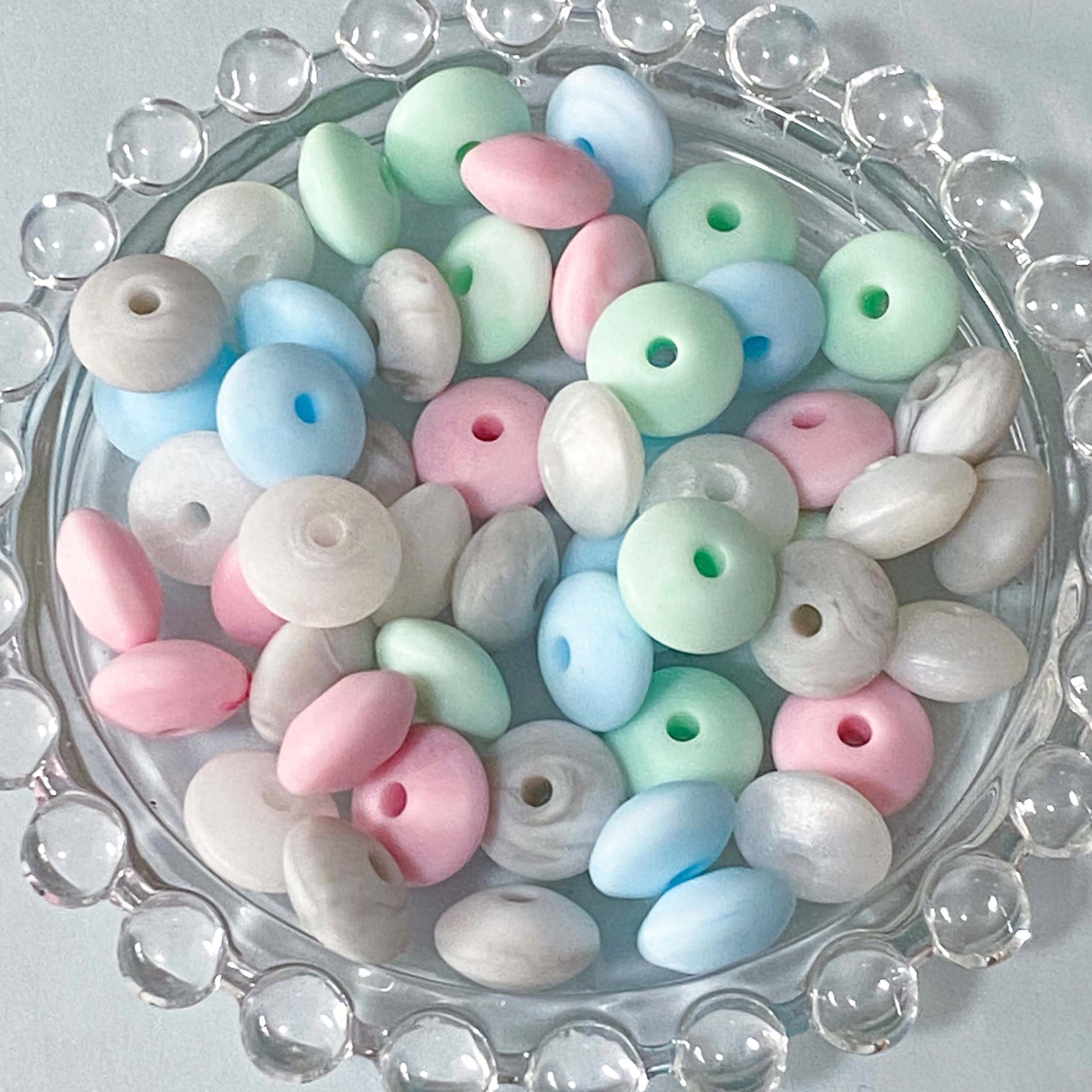 soft pale light colours marble marbled pearl pearly pearlescent bead beads spacer spacers abacus disc 12mm silicone  pink white blue mint green grey uk cute kawaii craft supplies shop store