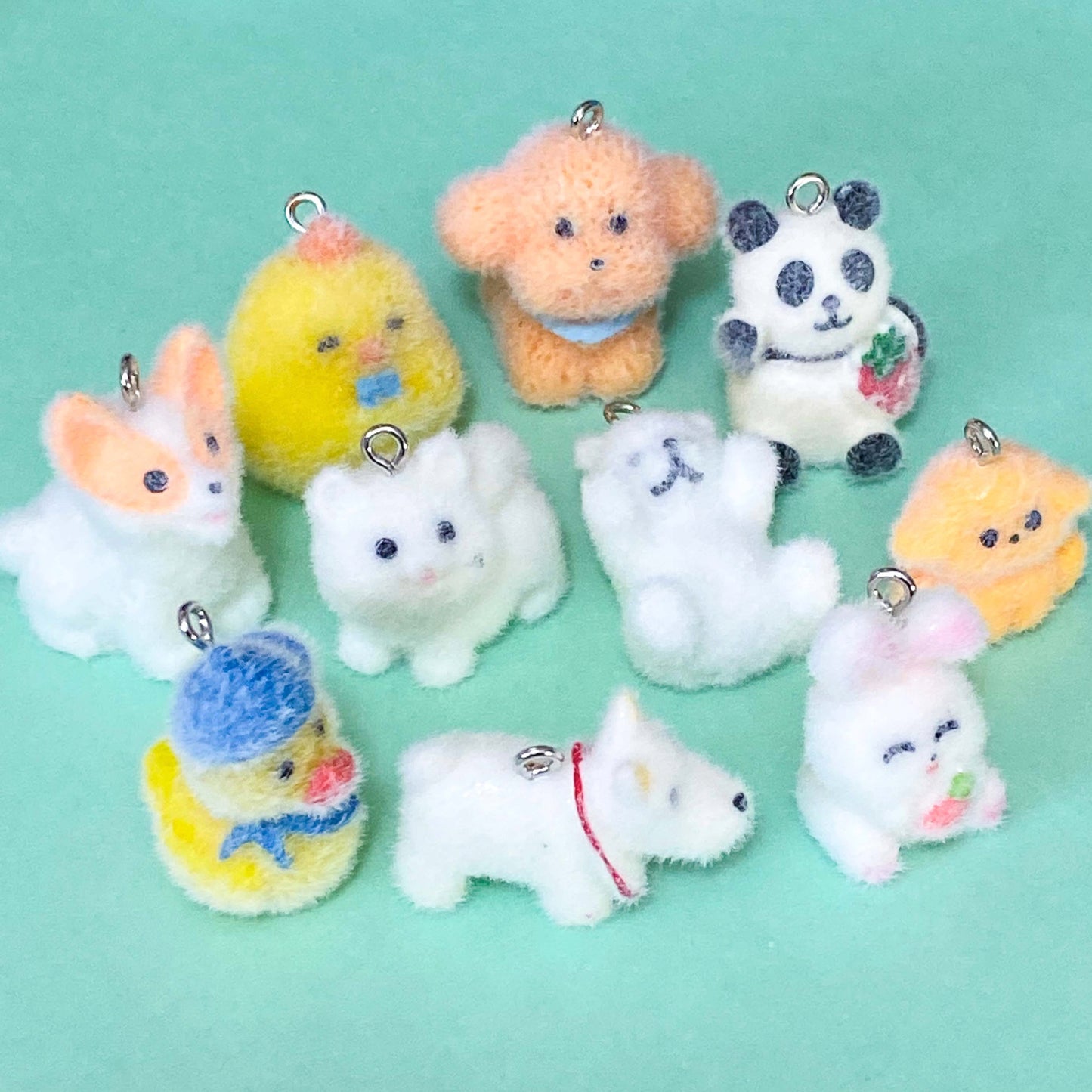 cute kawaii flocked fuzzy furry charm charms pendant pendants uk craft supplies shop store jewellery making cat puppy dog kitten polar bear duck chick chicken panda pandas poodle white orange blue yellow 