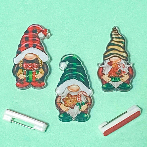 gnome gnomes festive christmas pin pins brooch brooches acrylic cute kawaii stocking filler fillers uk gift gifts shop store colourful bargain star candy cane present presents pie 