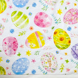 Colourful tissue paper sheets with a pattern of Easter eggs and flowers on a white background