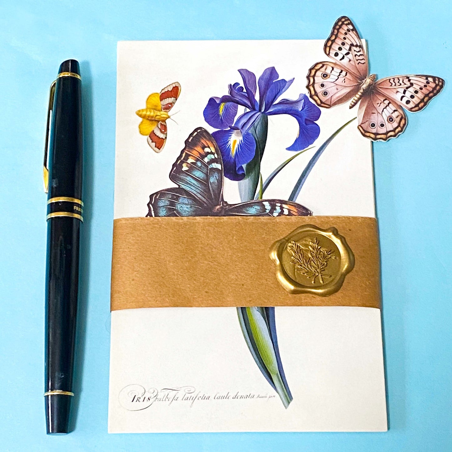 vintage botanical Kew Gardens postcard bundle wrapped in kraft belly band with wax seal sticker with insect die cuts and floral stickers ephemera
