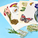 vintage botanical postcards fanned out with floral illustrations, die cuts and flower stickers nature stationery set