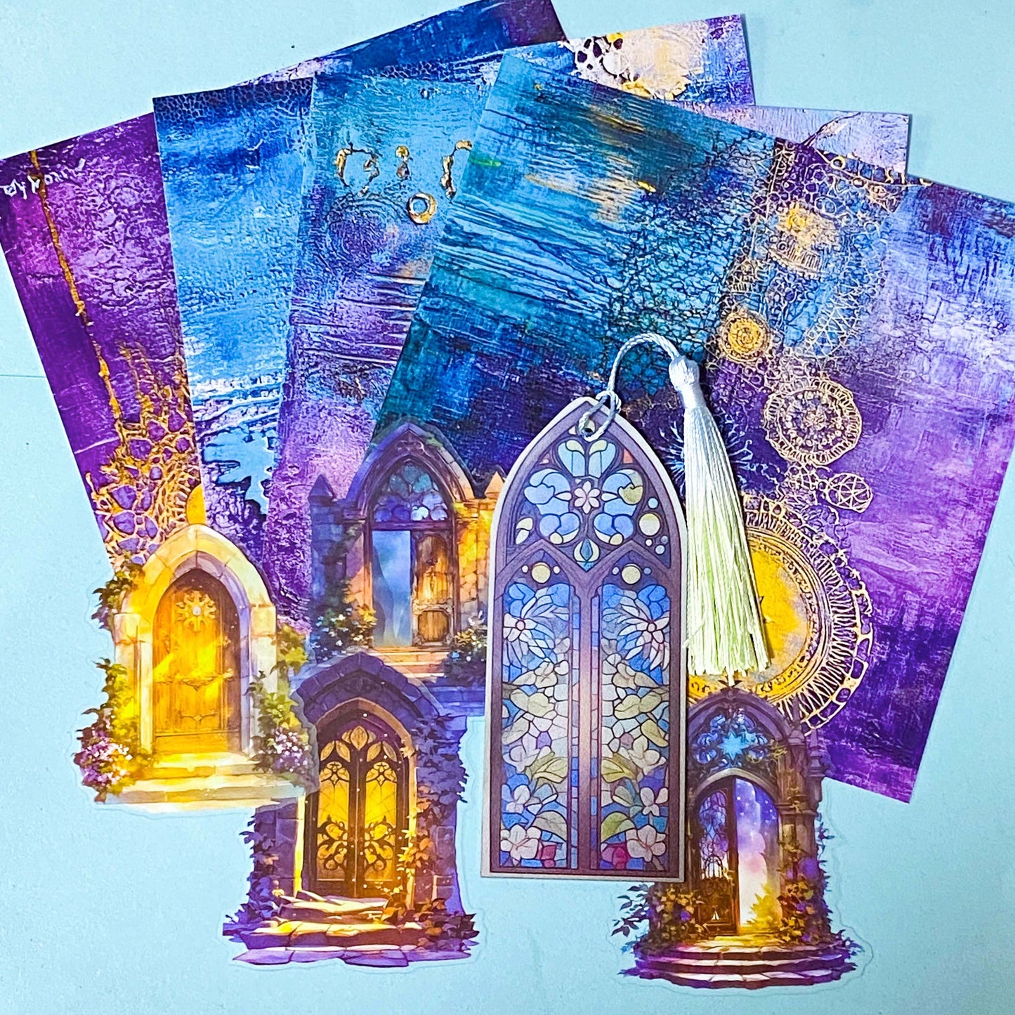 stained glass window acrylic bookmark set with decorative journalling papers and clear doorway stickers