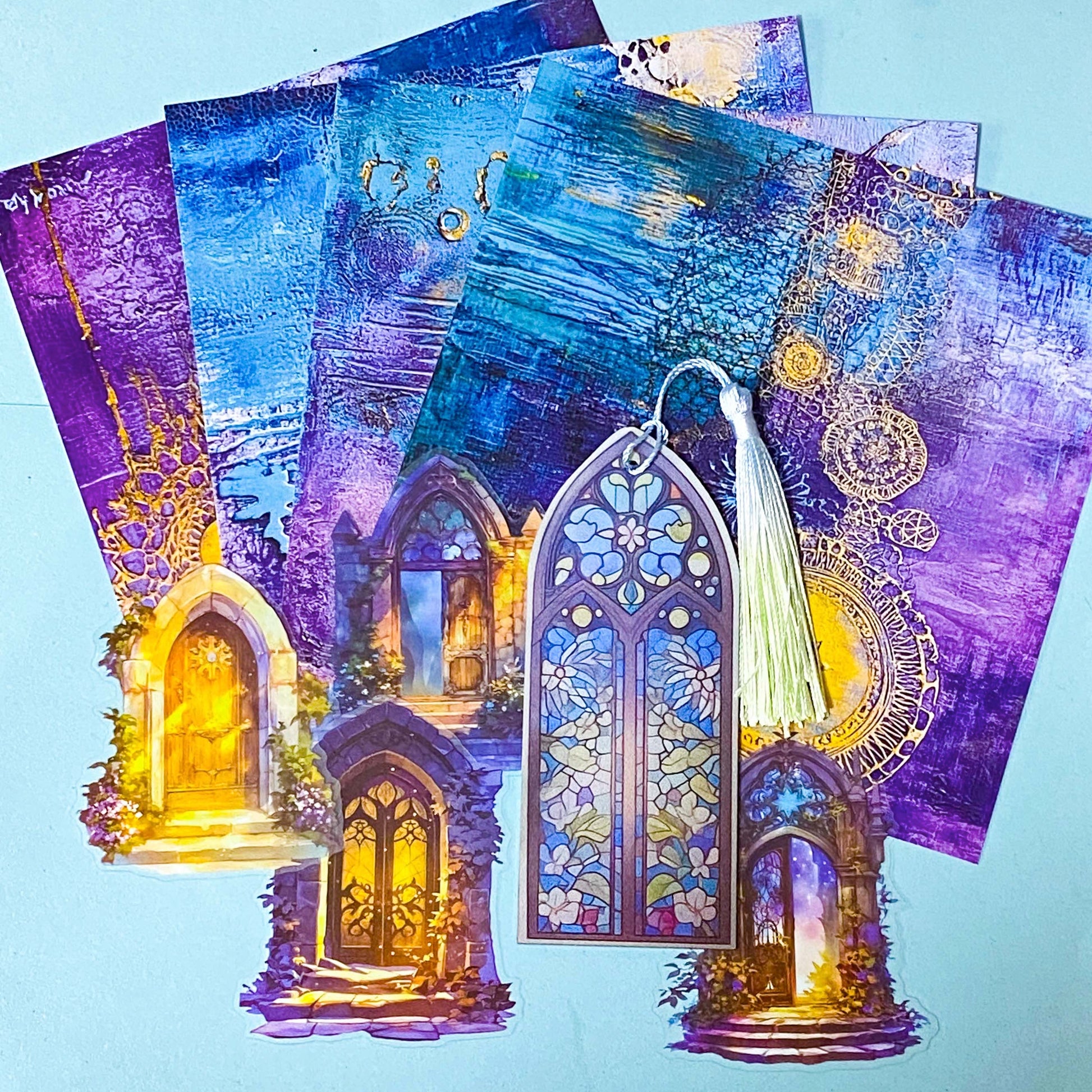 stained glass window acrylic bookmark set with decorative journalling papers and clear doorway stickers