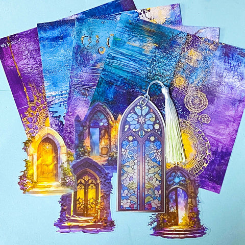 stained glass window acrylic bookmark set with decorative journalling papers and clear doorway stickers