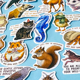 set of 50 animal positive quote stickers with affirmations featuring illustrated wildlife including ducks, hamsters, squirrels, dogs and seahorses on a soft blue background