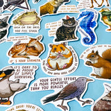 set of 50 animal positive quote stickers with affirmations featuring illustrated wildlife including hamsters, squirrels, deer, birds and seahorses on a soft blue background