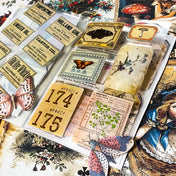 alice in wonderland junk journal kit with vintage botanical scrapbook paper, mushroom labels, insect die cuts and a 20 page clear sticker book