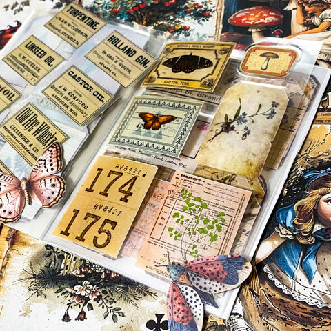 alice in wonderland junk journal kit with vintage botanical scrapbook paper, mushroom labels, insect die cuts and a 20 page clear sticker book