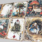 alice in wonderland junk journal kit with vintage botanical scrapbook paper, mushroom labels, insect die cuts and a 20 page clear sticker book