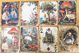 alice in wonderland junk journal kit with vintage botanical scrapbook paper, mushroom labels, insect die cuts and a 20 page clear sticker book
