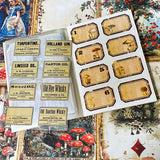 alice in wonderland junk journal kit with vintage botanical scrapbook paper, mushroom labels, insect die cuts and a 20 page clear sticker book